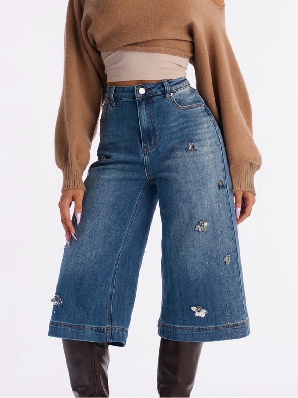 Fashion Nova Embellished Blue Denim Culottes Jean Shorts with Silver Details